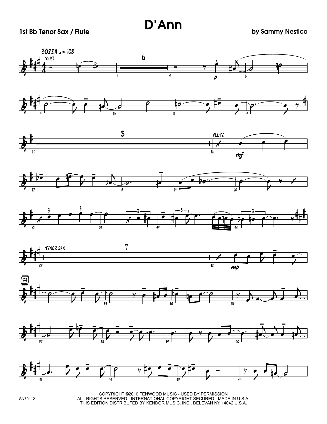 Download Sammy Nestico D'Ann - 1st Tenor Saxophone Sheet Music