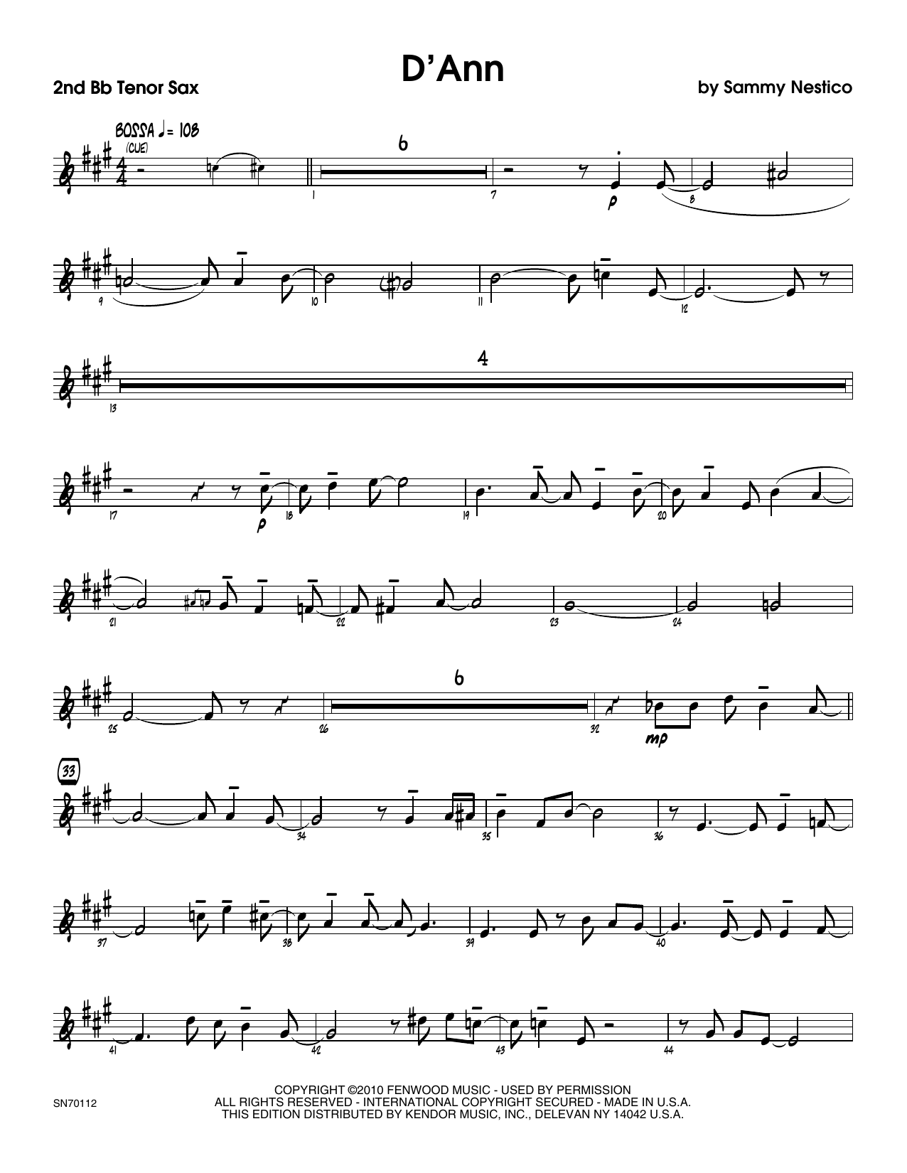 Download Sammy Nestico D'Ann - 2nd Bb Tenor Saxophone Sheet Music