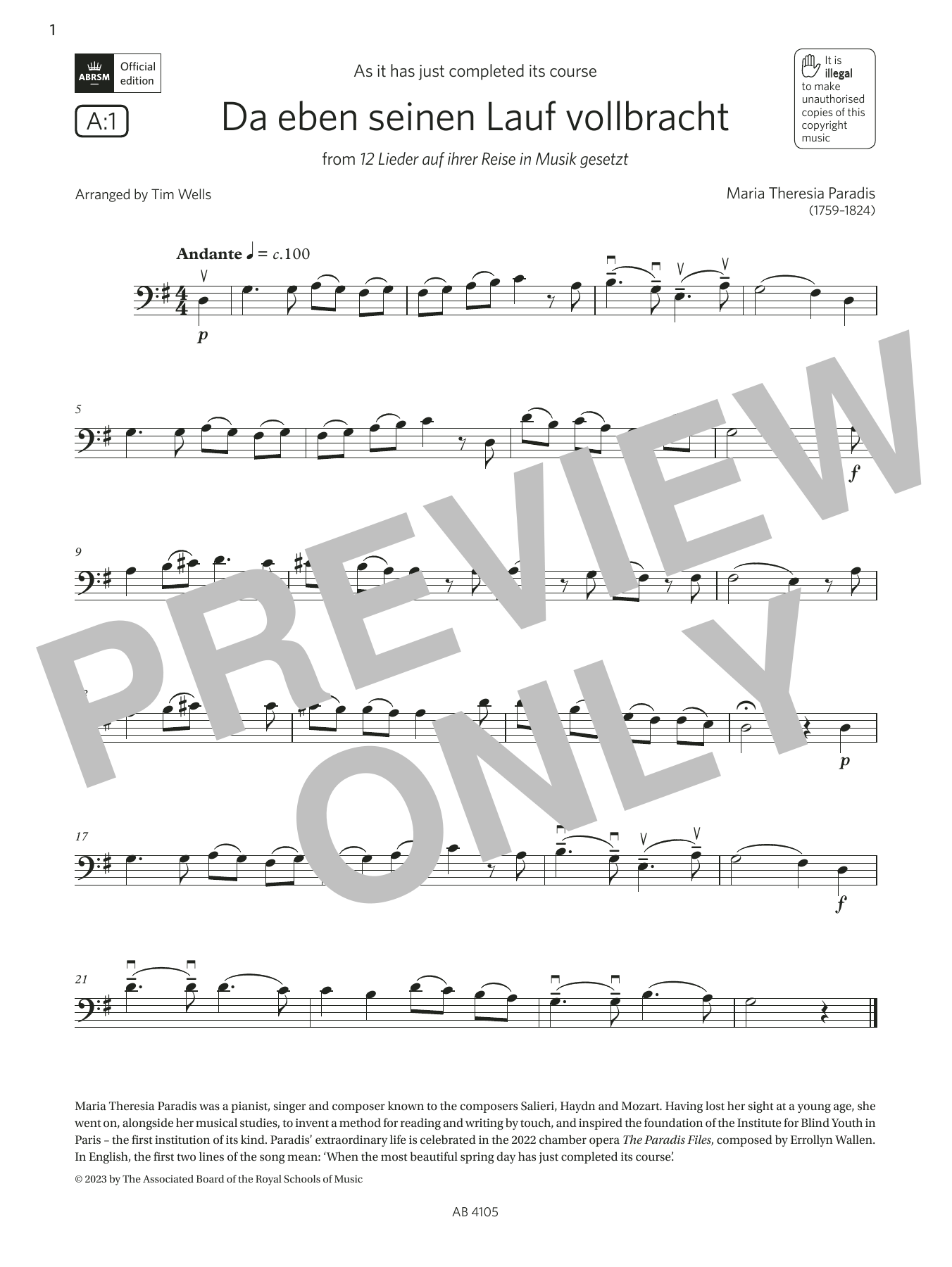 Download Maria Theresia Paradis Da eben seinen Lauf volbracht (Grade 2, Sheet Music