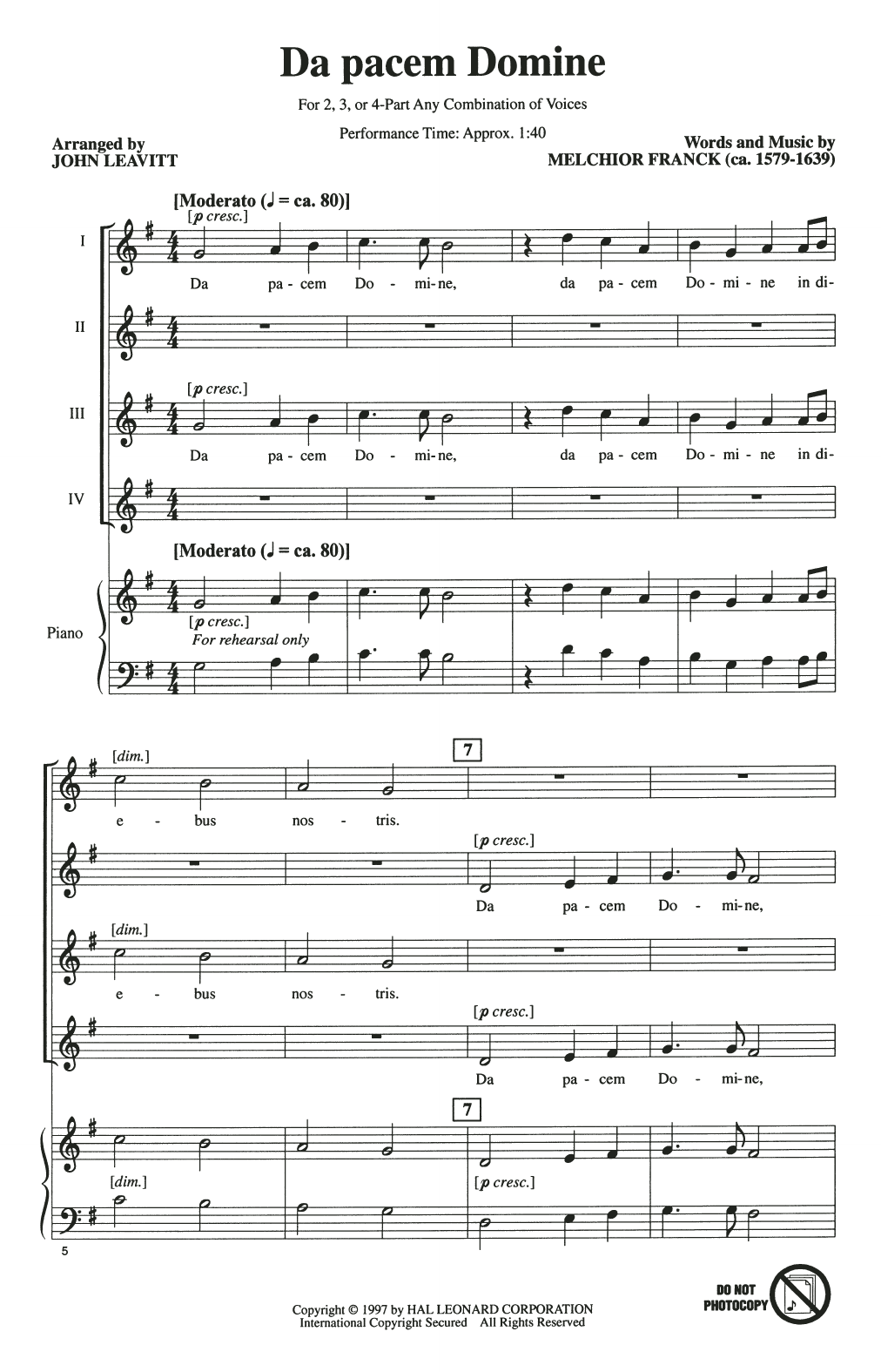 Download Melchior Franck Da Pacem Domine (arr. John Leavitt) Sheet Music