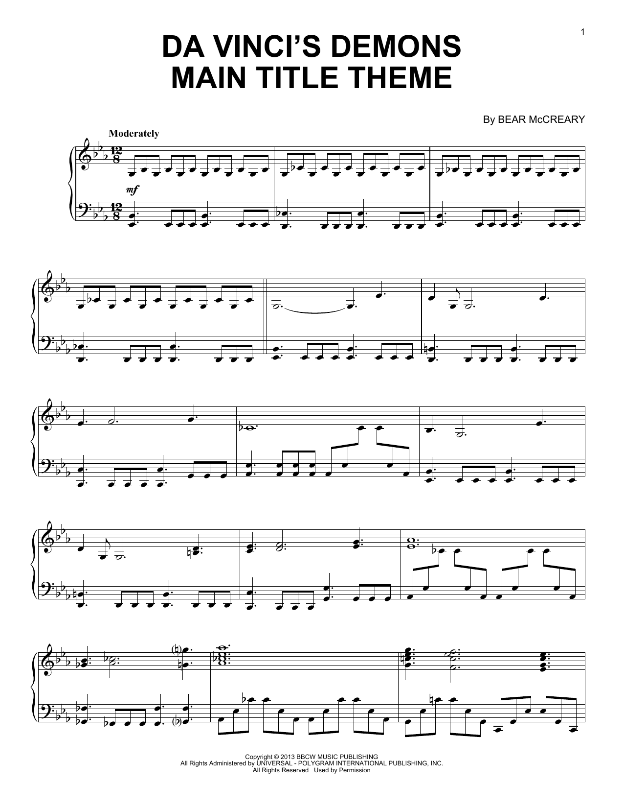 Bear McCreary Da Vinci's Demons - Main Title Theme sheet music notes printable PDF score