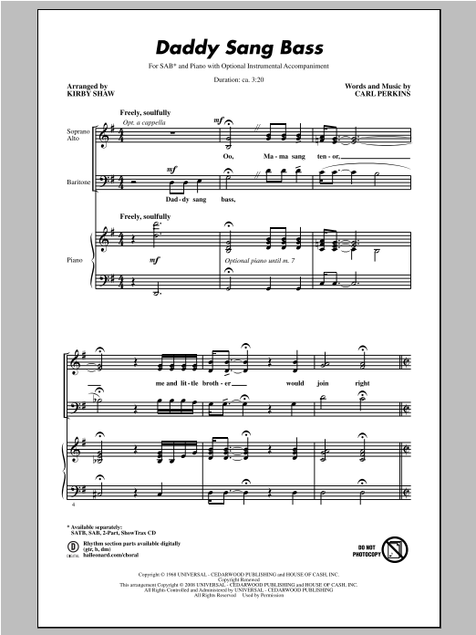 Download Johnny Cash Daddy Sang Bass (arr. Kirby Shaw) Sheet Music
