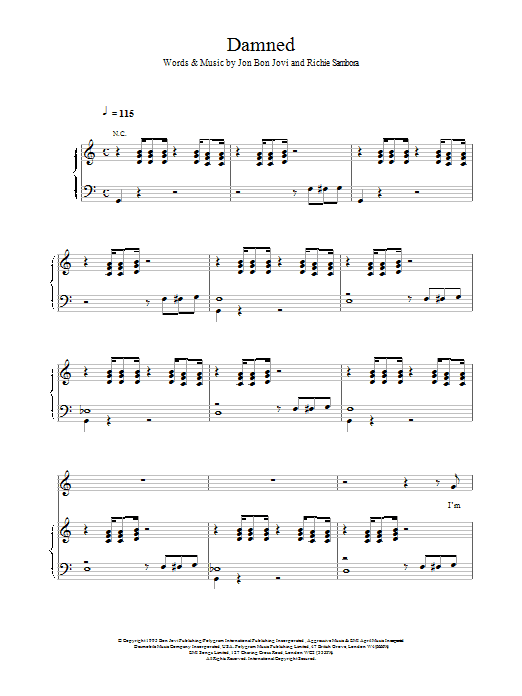 Bon Jovi Damned sheet music notes printable PDF score