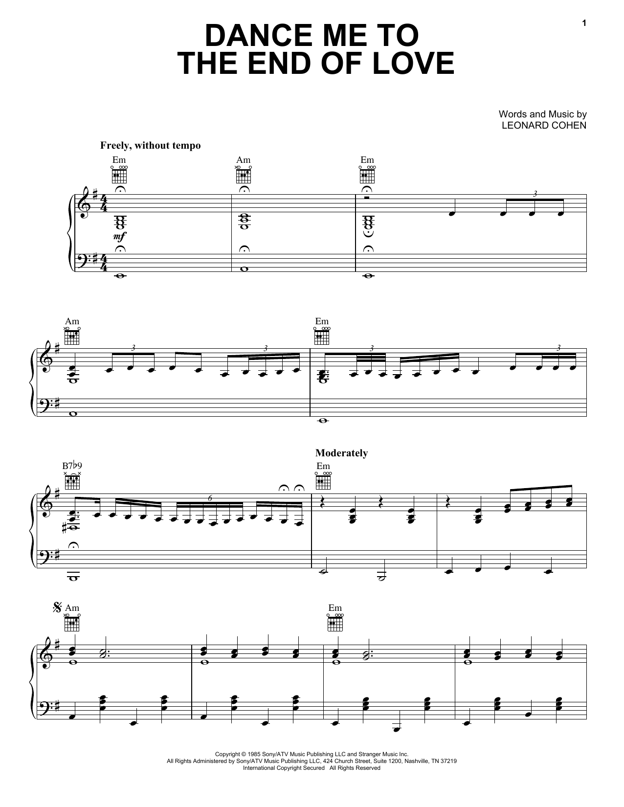 Download Leonard Cohen Dance Me To The End Of Love Sheet Music