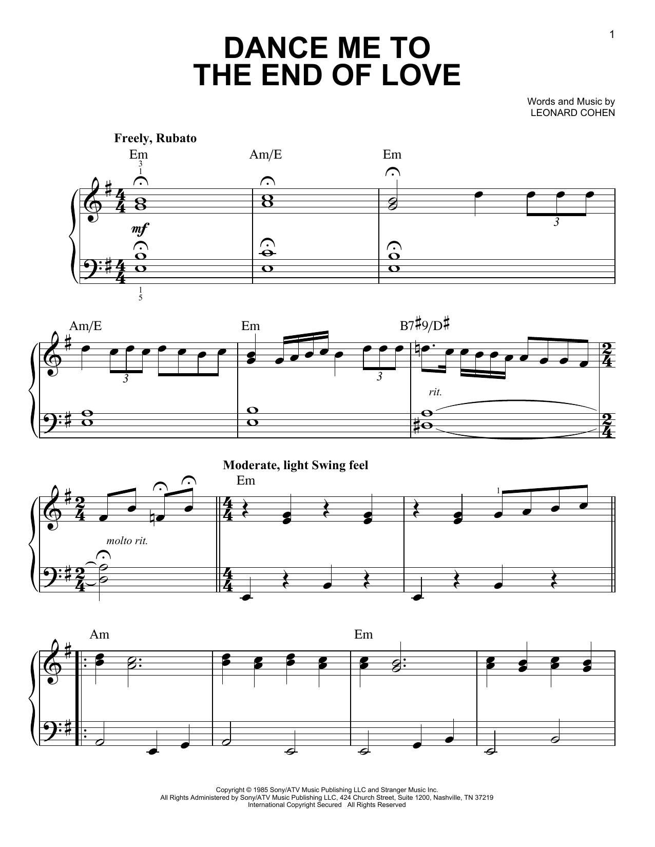 Download Leonard Cohen Dance Me To The End Of Love Sheet Music
