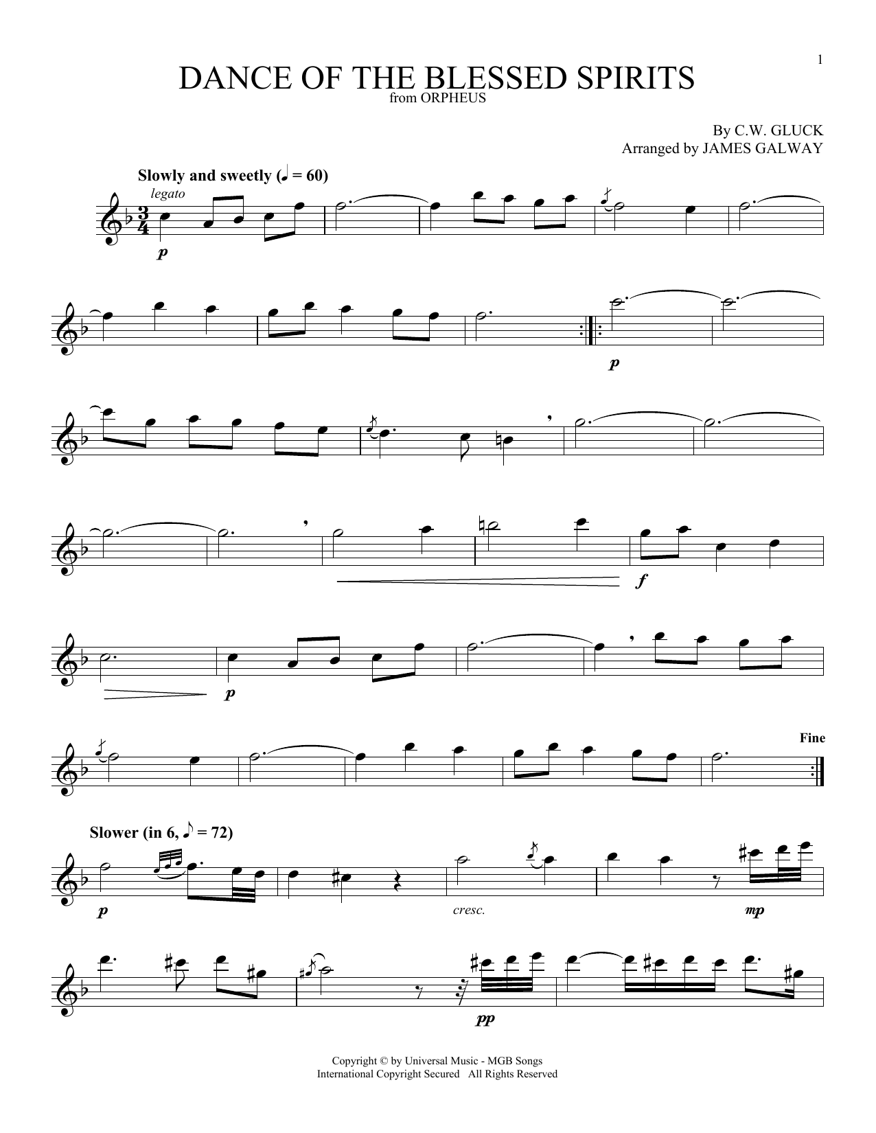 Download James Galway Dance Of The Blessed Spirits Sheet Music