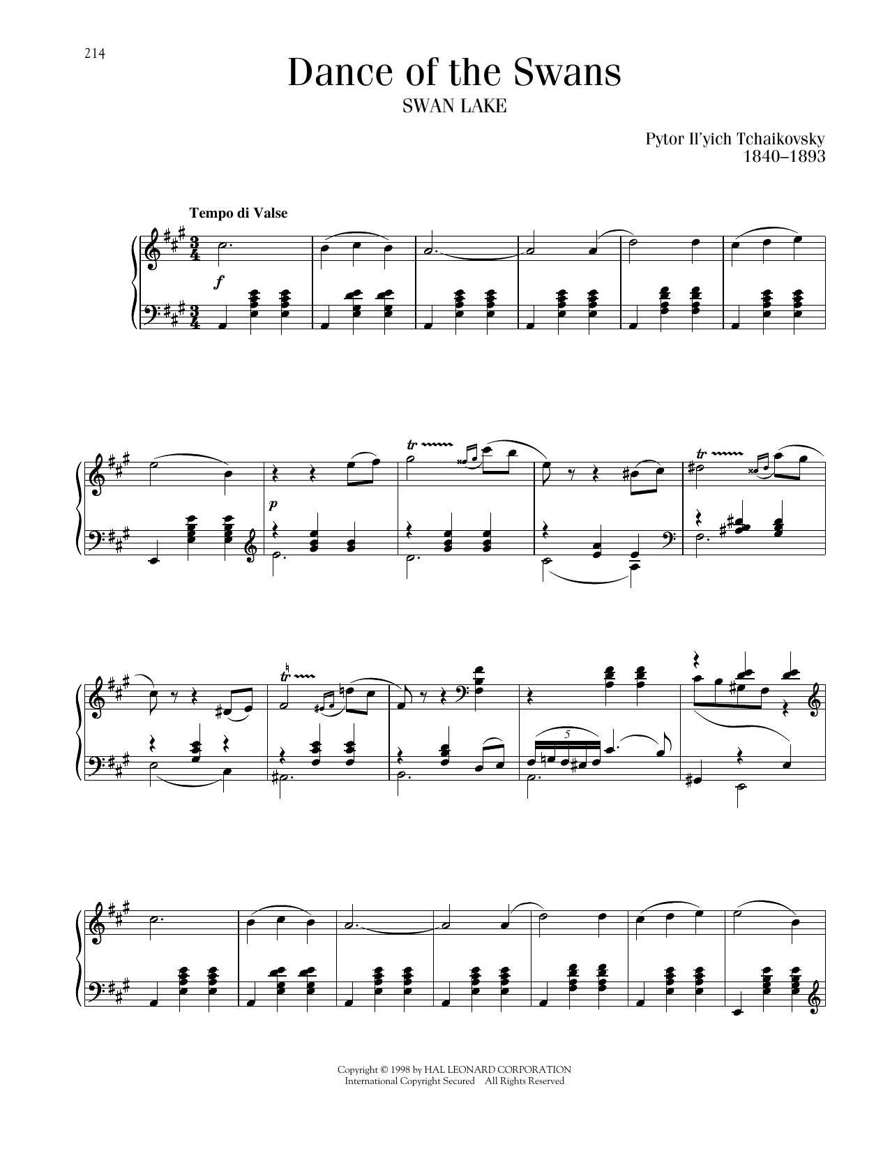 Pyotr Il'yich Tchaikovsky Dance Of The Swans sheet music notes printable PDF score