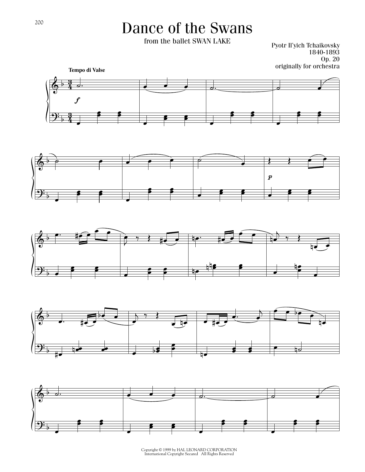 Pyotr Il'yich Tchaikovsky Dance Of The Swans sheet music notes printable PDF score