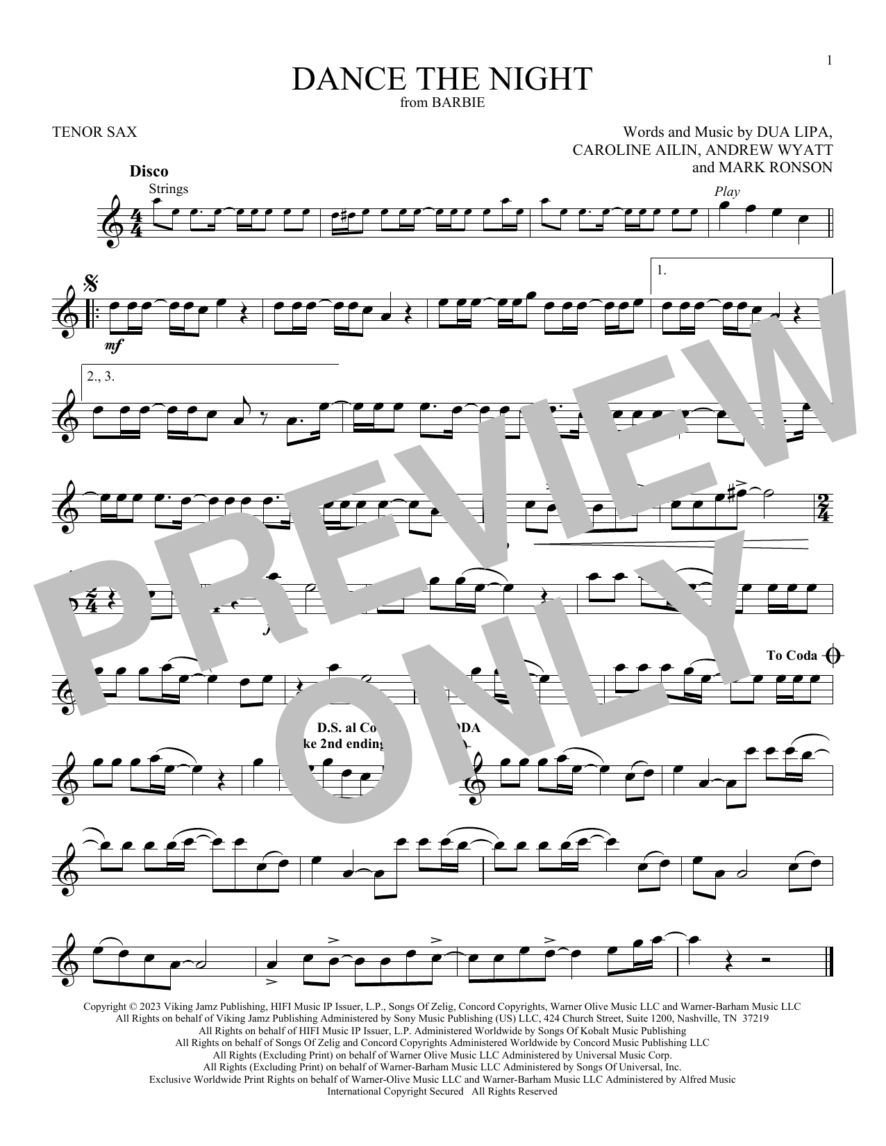 Dua Lipa Dance The Night (from Barbie) sheet music notes printable PDF score
