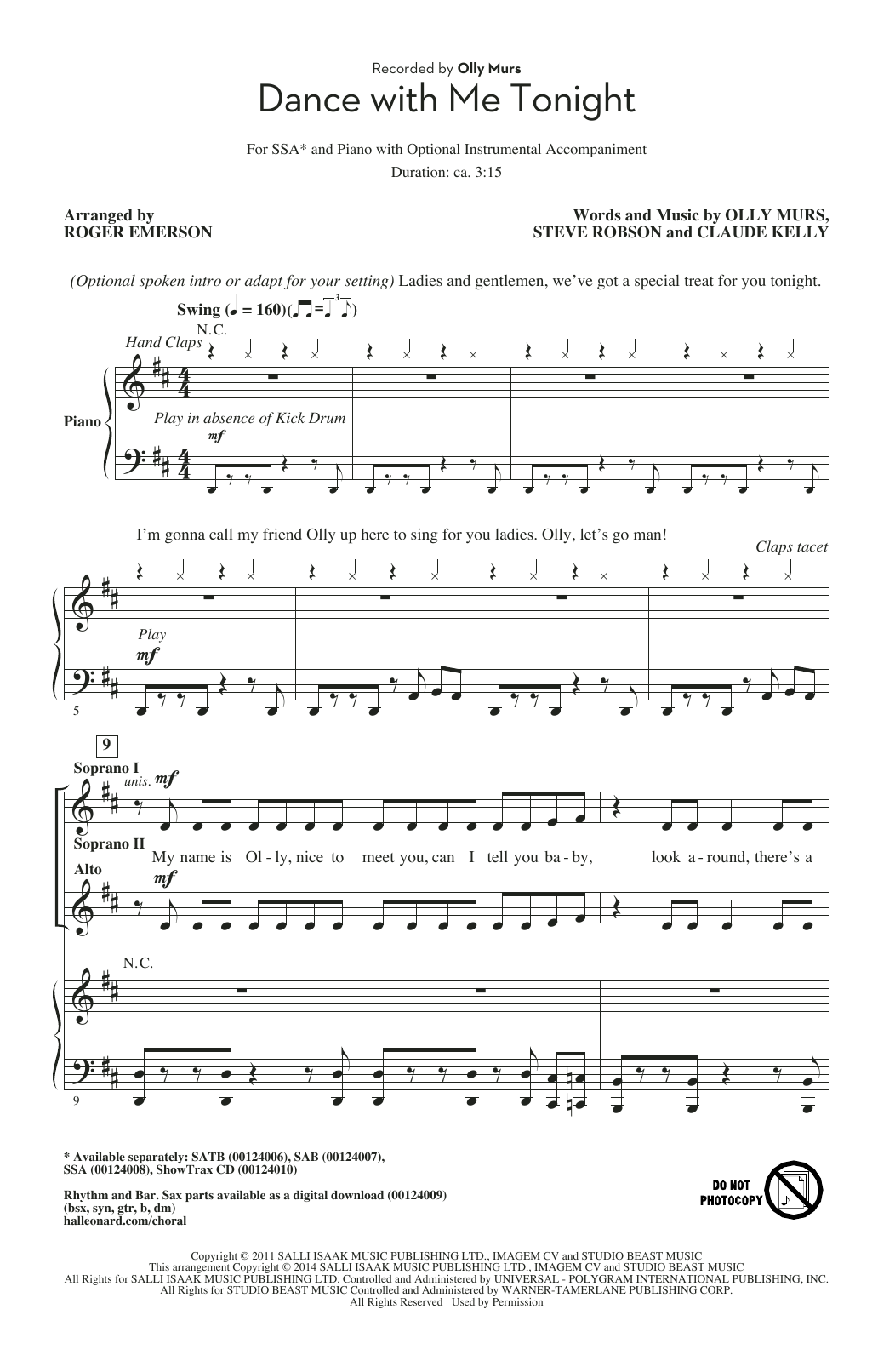 Download Olly Murs Dance With Me Tonight (arr. Roger Emers Sheet Music