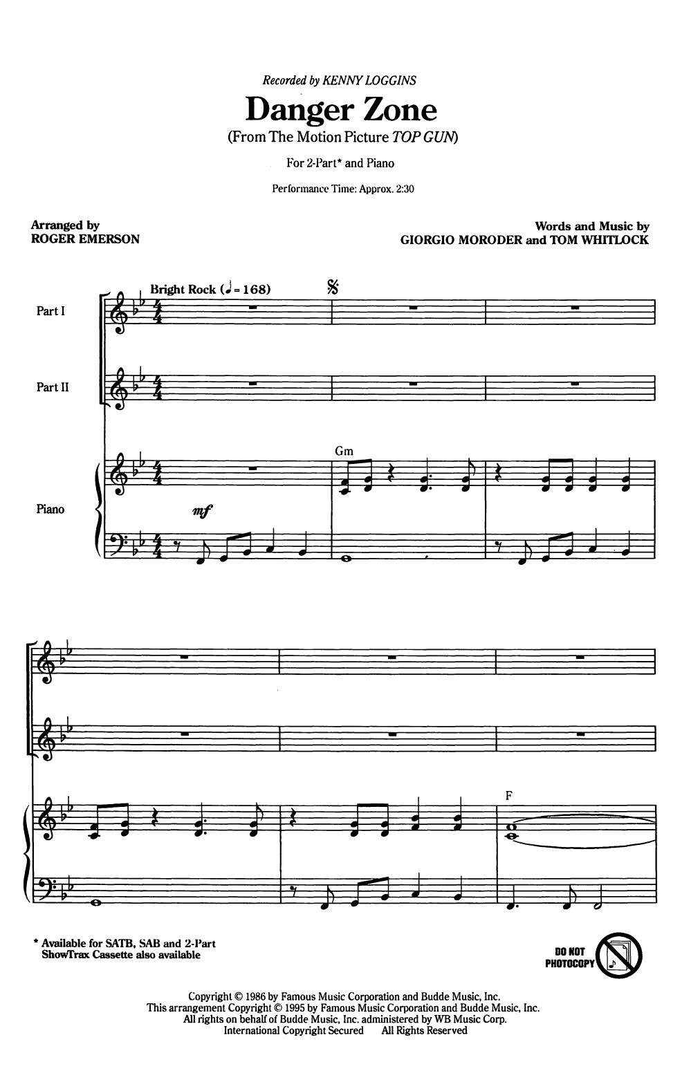Kenny Loggins Danger Zone (arr. Roger Emerson) sheet music notes printable PDF score
