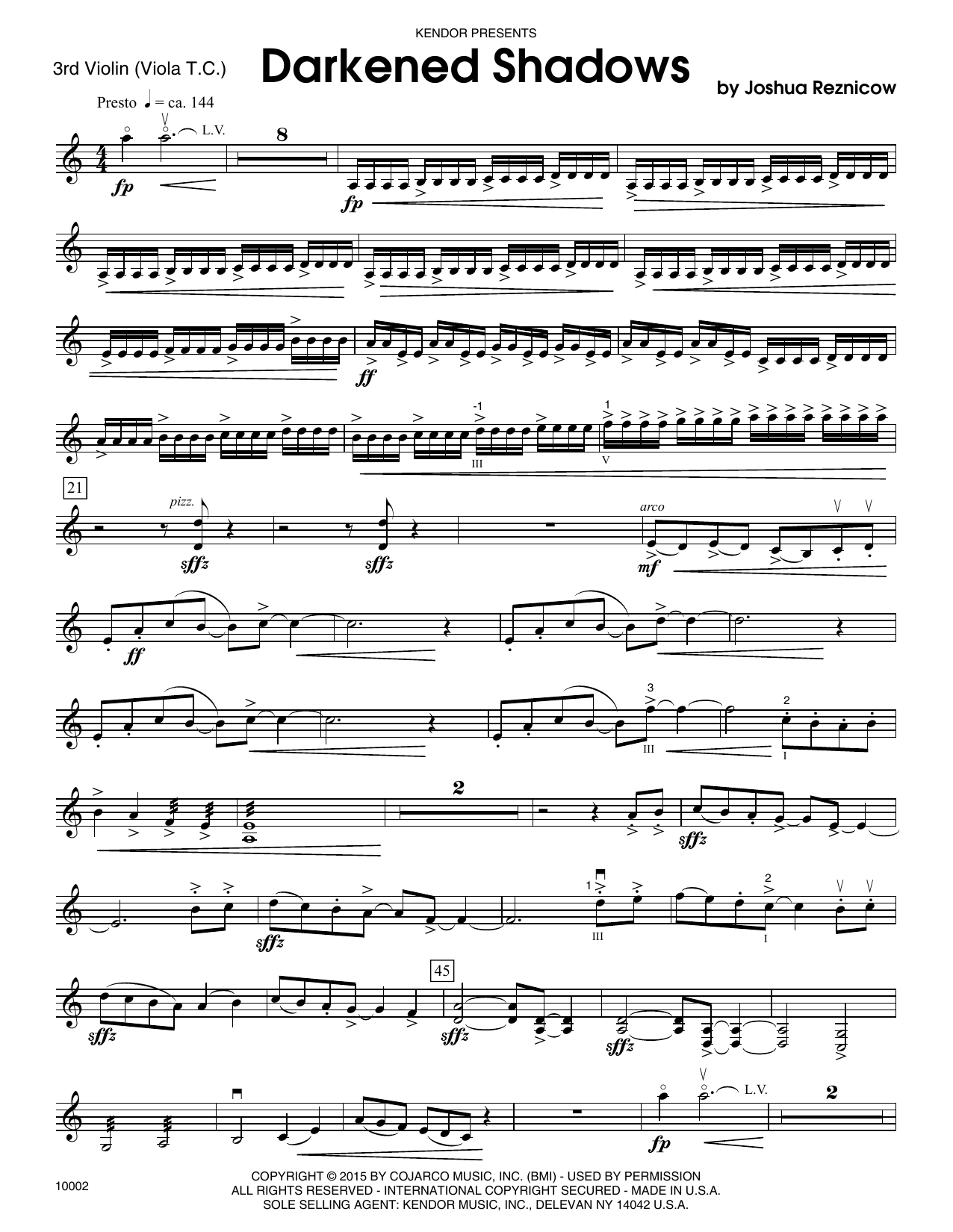 Download Joshue Reznicow Darkened Shadows - Violin 3 (Viola T.C. Sheet Music