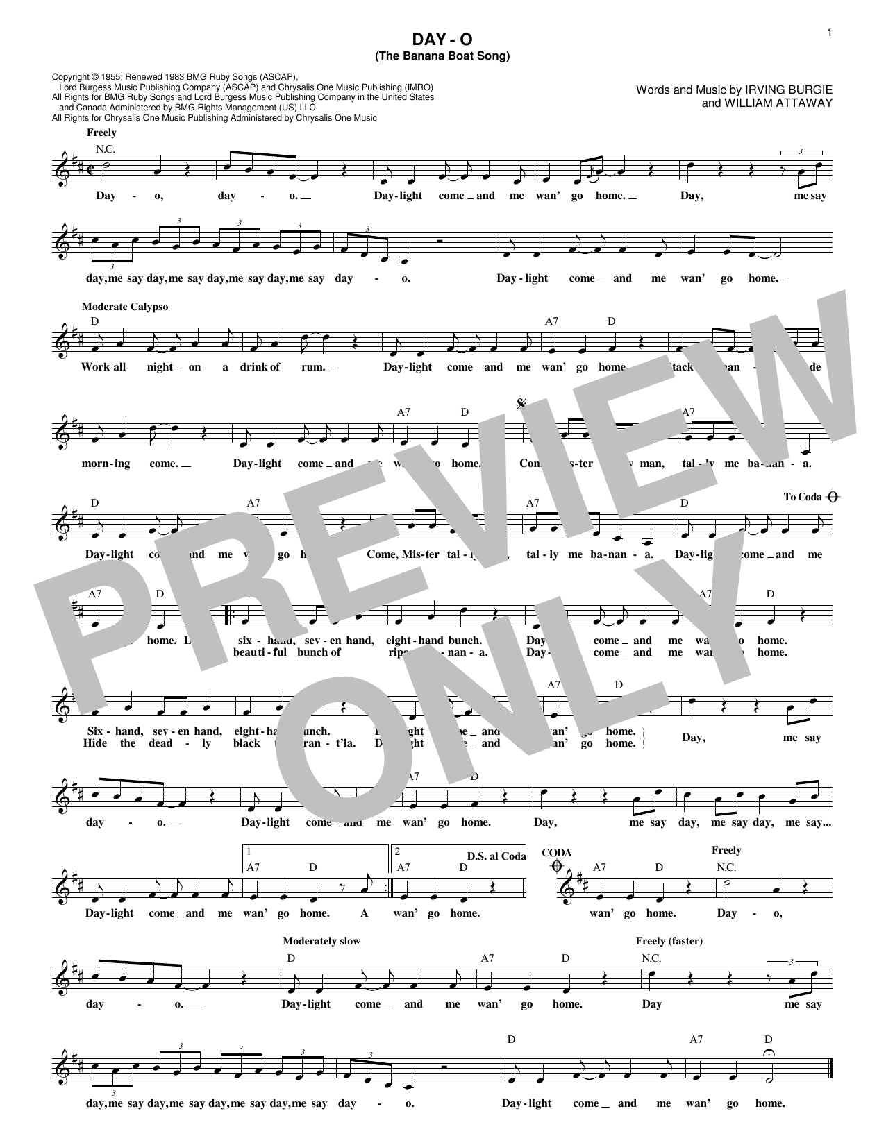 Download Harry Belafonte Day-O (The Banana Boat Song) Sheet Music