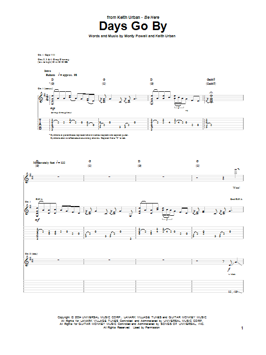 Download Keith Urban Days Go By Sheet Music