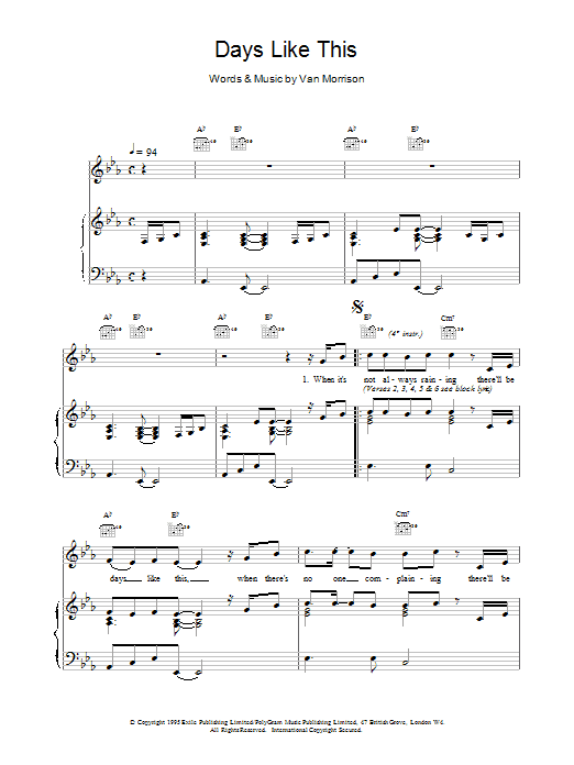 Van Morrison Days Like This sheet music notes printable PDF score