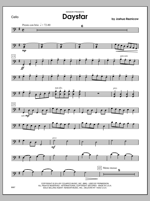 Download Joshua Reznicow Daystar - Cello Sheet Music