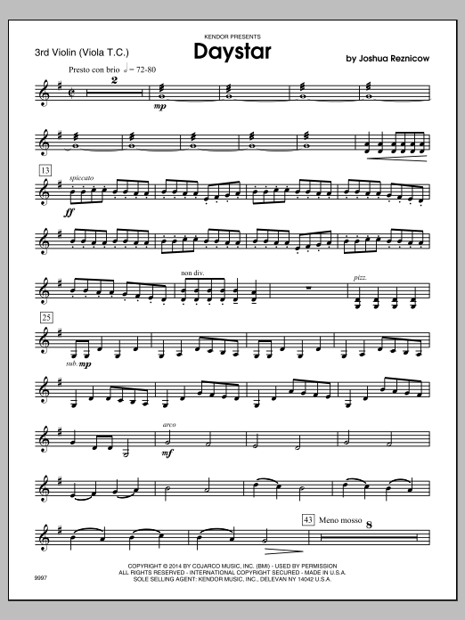 Download Joshua Reznicow Daystar - Violin 3 Sheet Music