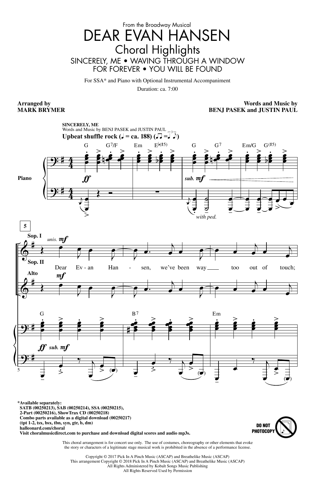 Download Mark Brymer Dear Evan Hansen (Choral Highlights) Sheet Music