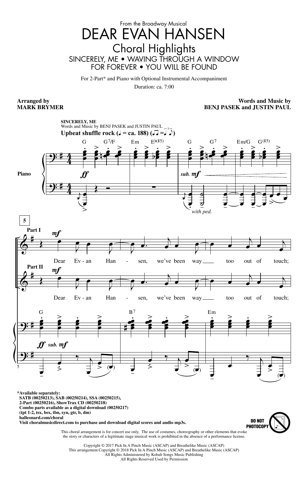 Download Mark Brymer Dear Evan Hansen (Choral Highlights) Sheet Music