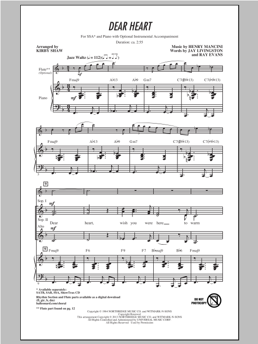 Download Henry Mancini Dear Heart (arr. Kirby Shaw) Sheet Music