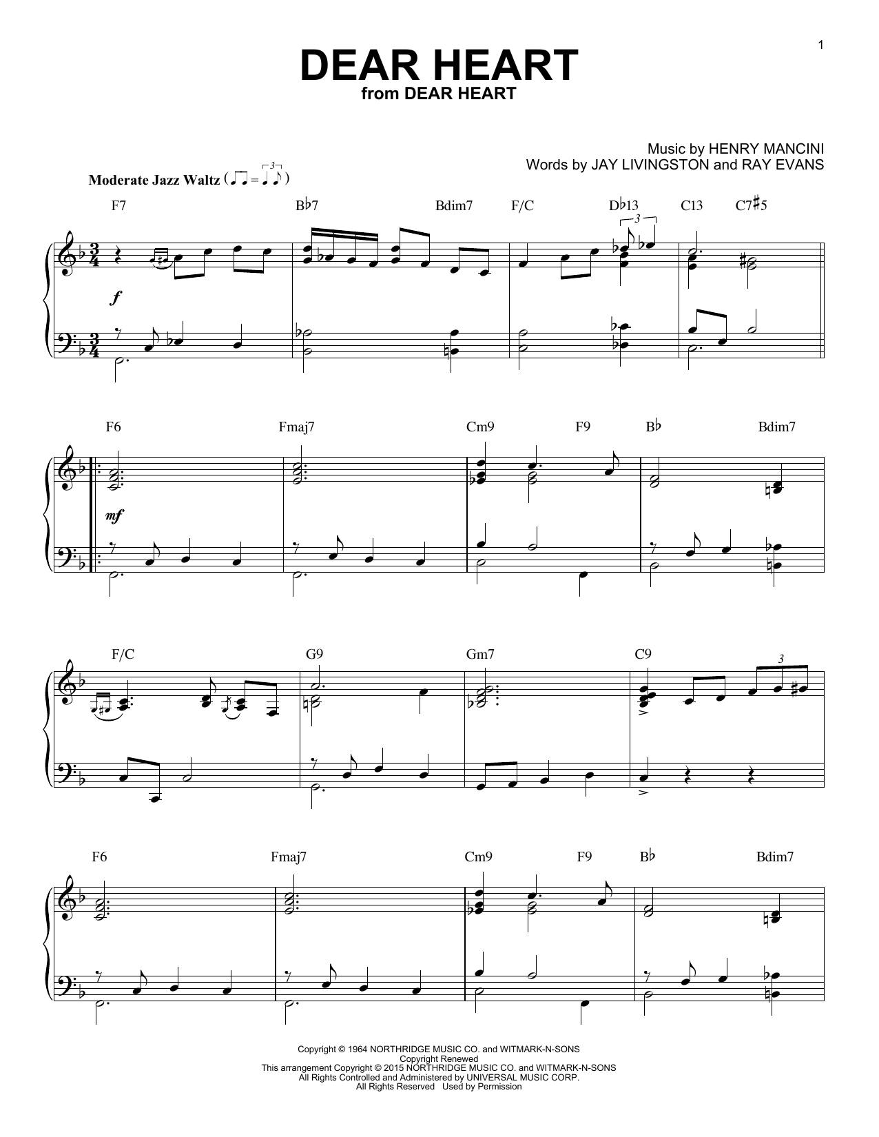 Download Henry Mancini Dear Heart [Jazz version] (arr. Brent E Sheet Music