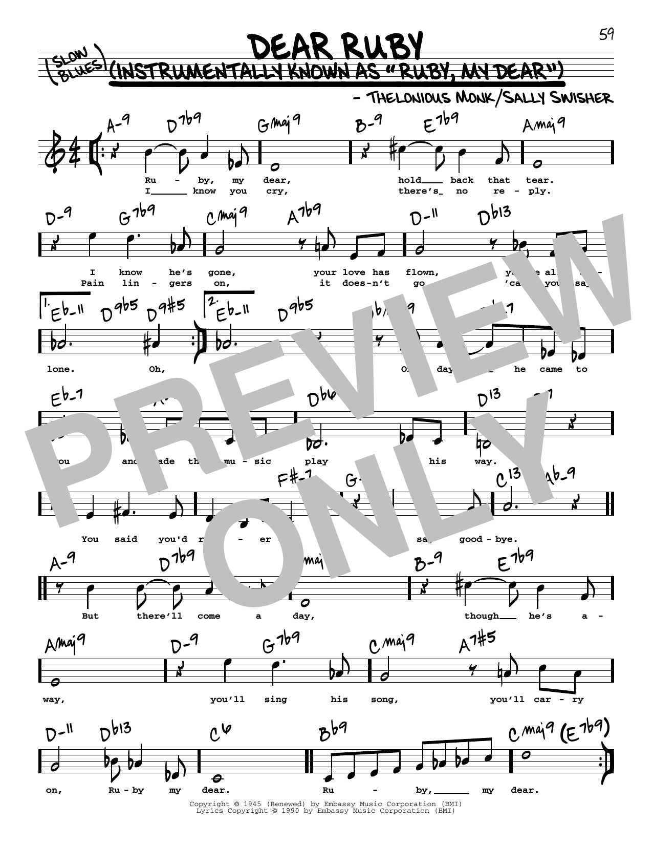 Download Thelonious Monk Dear Ruby (High Voice) Sheet Music
