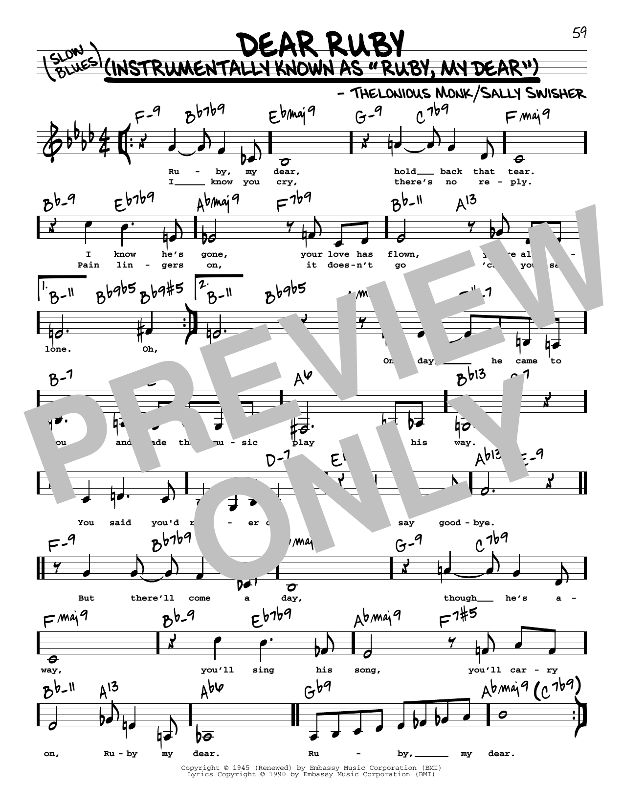Thelonious Monk Dear Ruby (Low Voice) sheet music notes printable PDF score