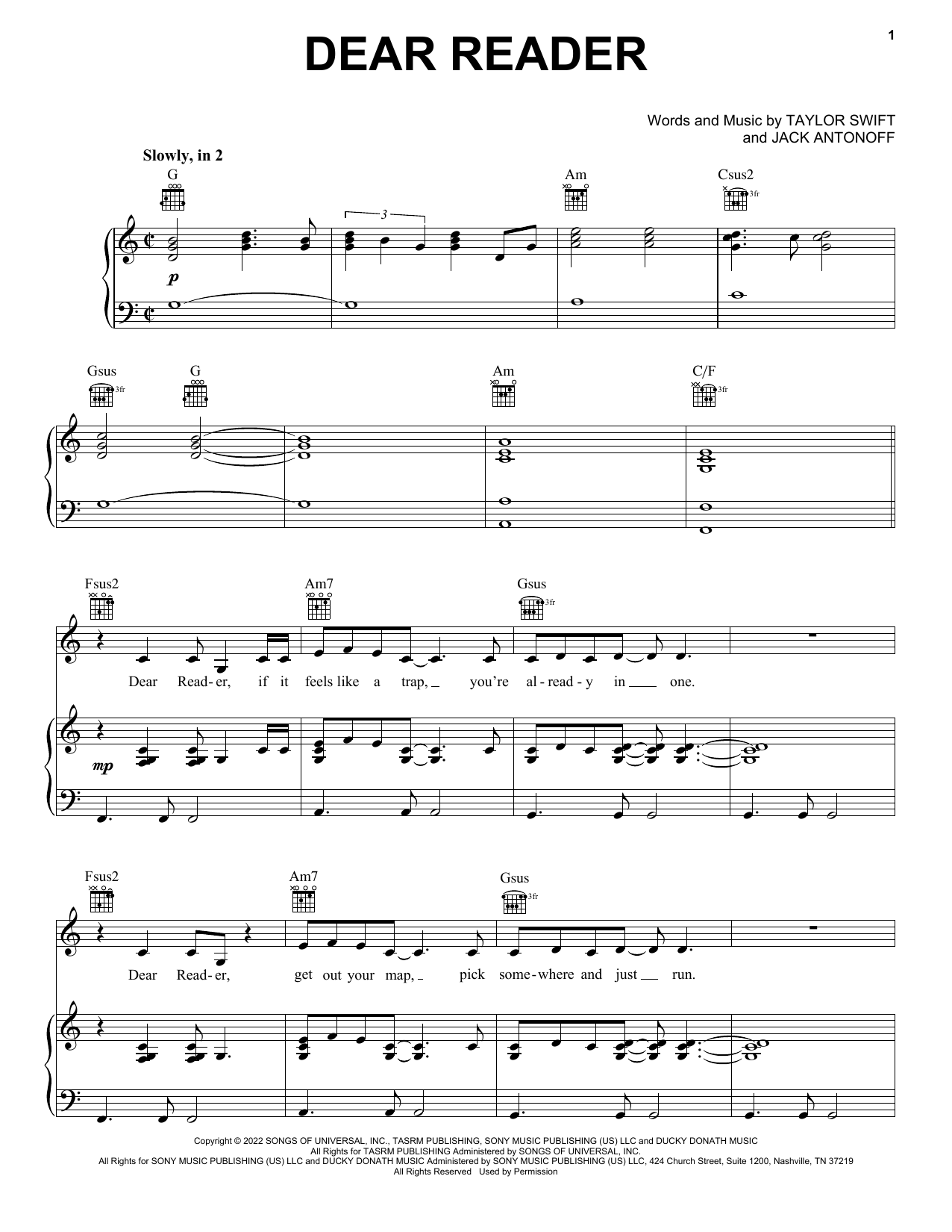 Taylor Swift Dear Reader sheet music notes printable PDF score