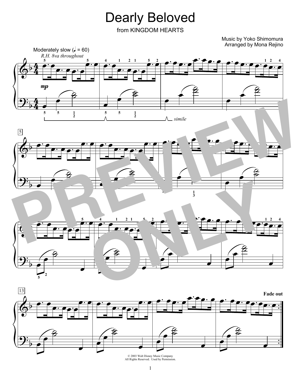 Download Yoko Shimomura Dearly Beloved (from Kingdom Hearts) (a Sheet Music