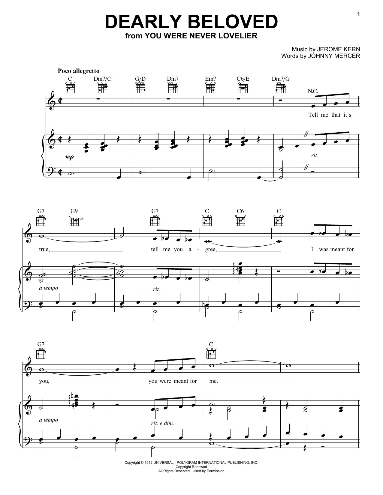 Jerome Kern Dearly Beloved sheet music notes printable PDF score