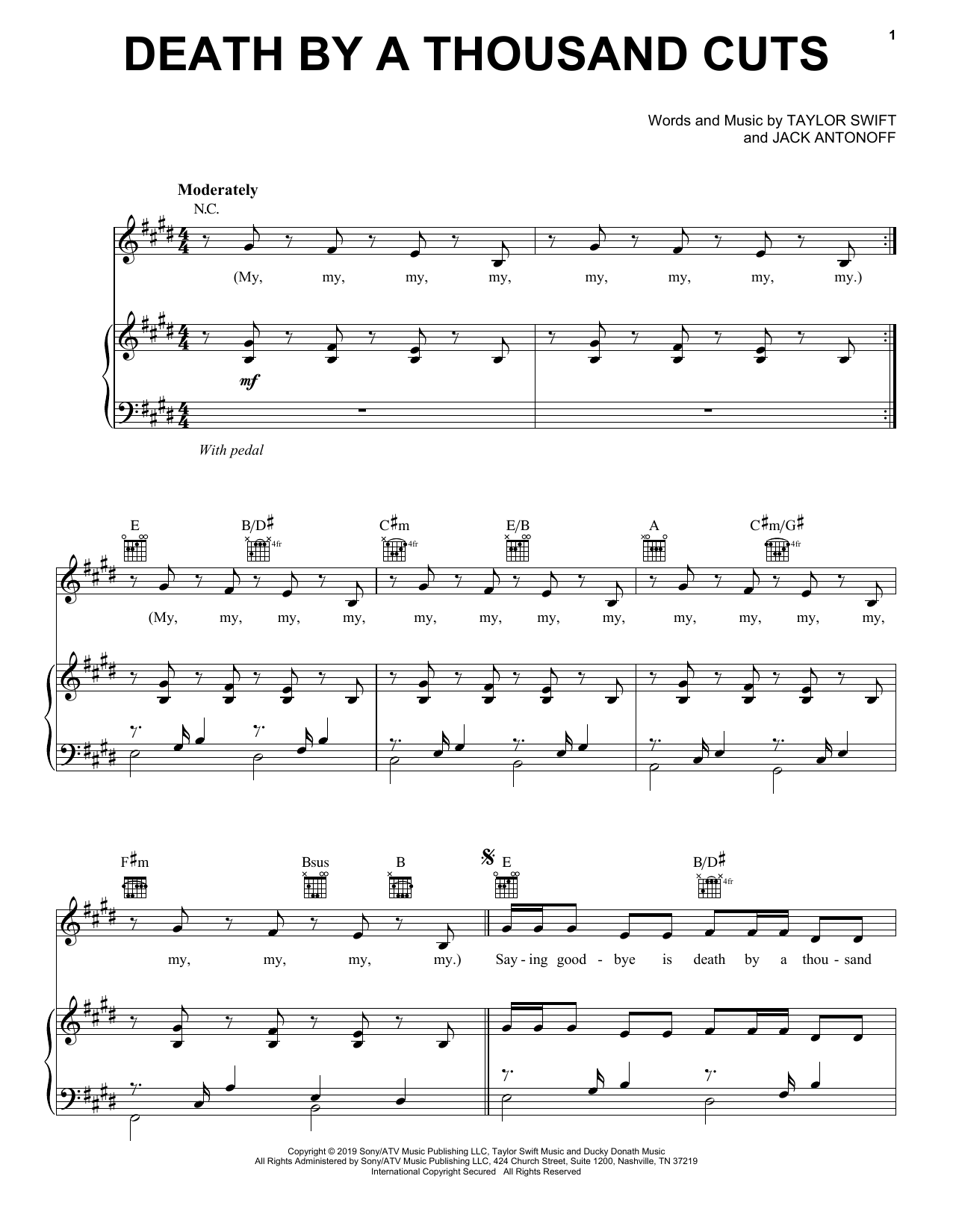 Download Taylor Swift Death By A Thousand Cuts Sheet Music