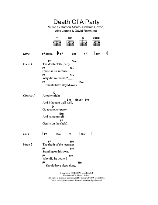 Download Blur Death Of A Party Sheet Music