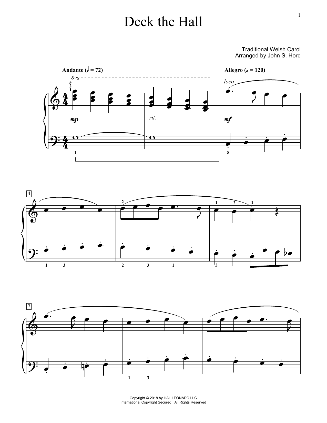 Download Traditional Welsh Carol Deck The Hall (arr. John S. Hord) Sheet Music