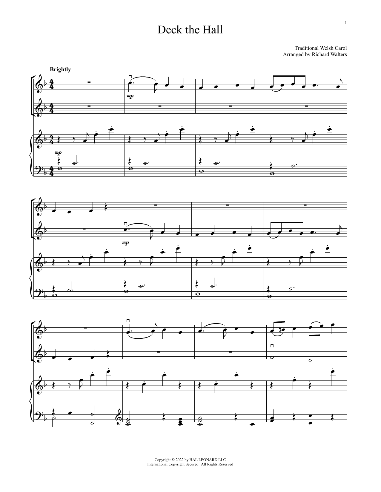 Download Traditional Welsh Carol Deck The Hall (for Violin Duet and Pian Sheet Music
