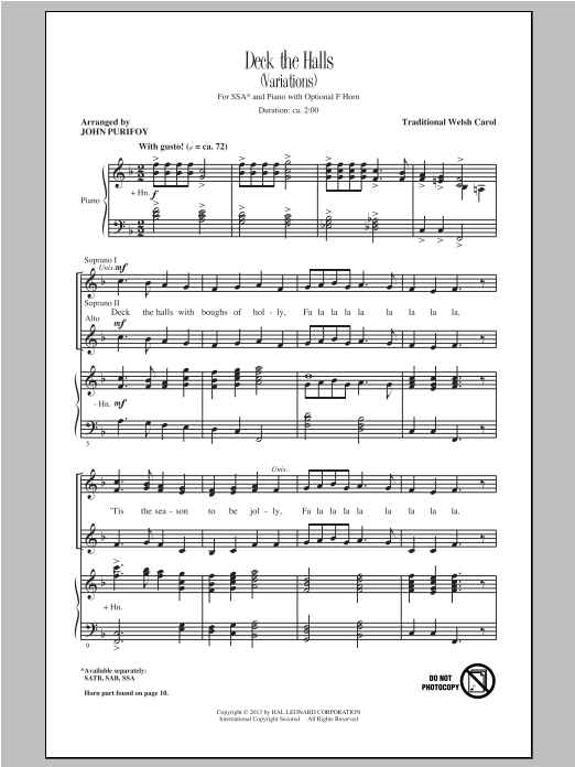 Download Traditional Carol Deck The Halls (arr. John Purifoy) Sheet Music