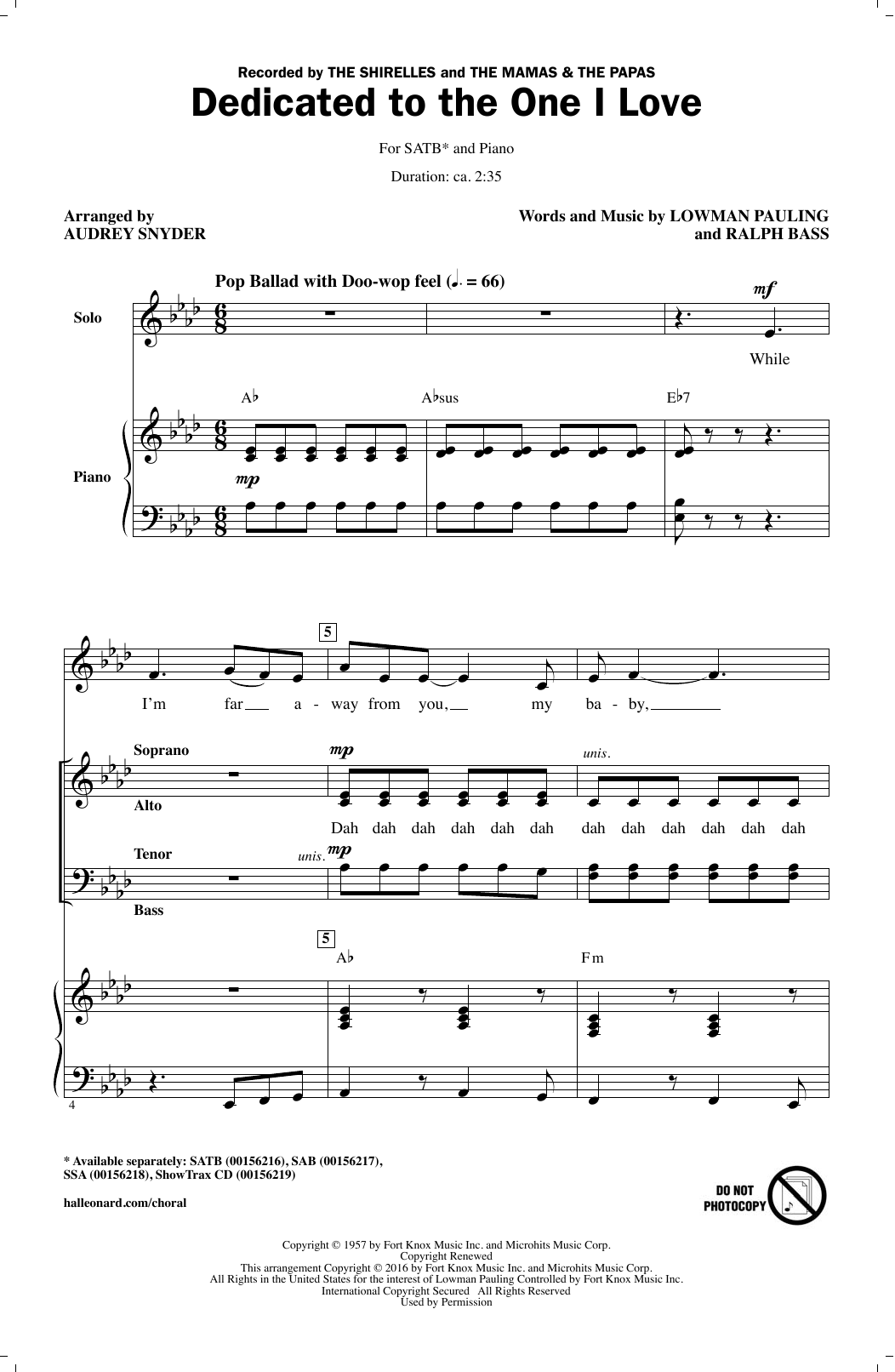 Download The Shirelles Dedicated To The One I Love (arr. Audre Sheet Music