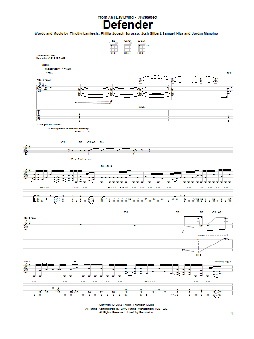 Download As I Lay Dying Defender Sheet Music