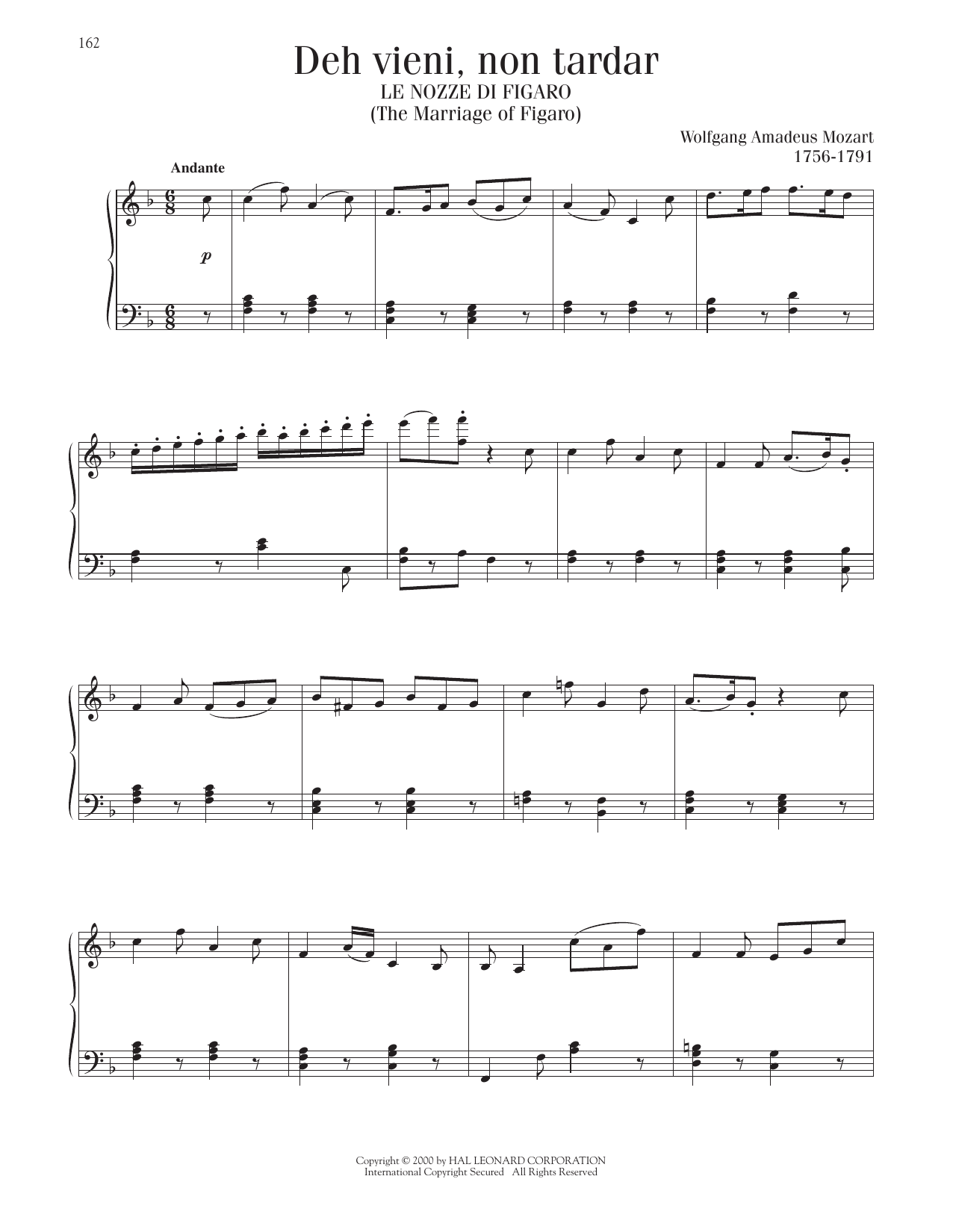 Wolfgang Amadeus Mozart Deh Vieni, Non Tardar (The Marriage Of Figaro) sheet music notes printable PDF score