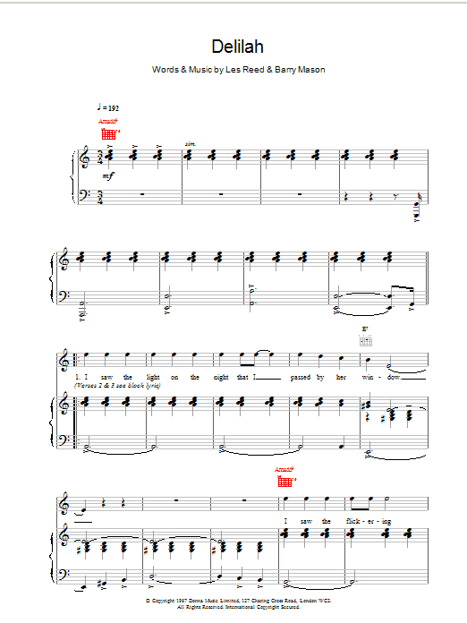 Tom Jones Delilah sheet music notes printable PDF score