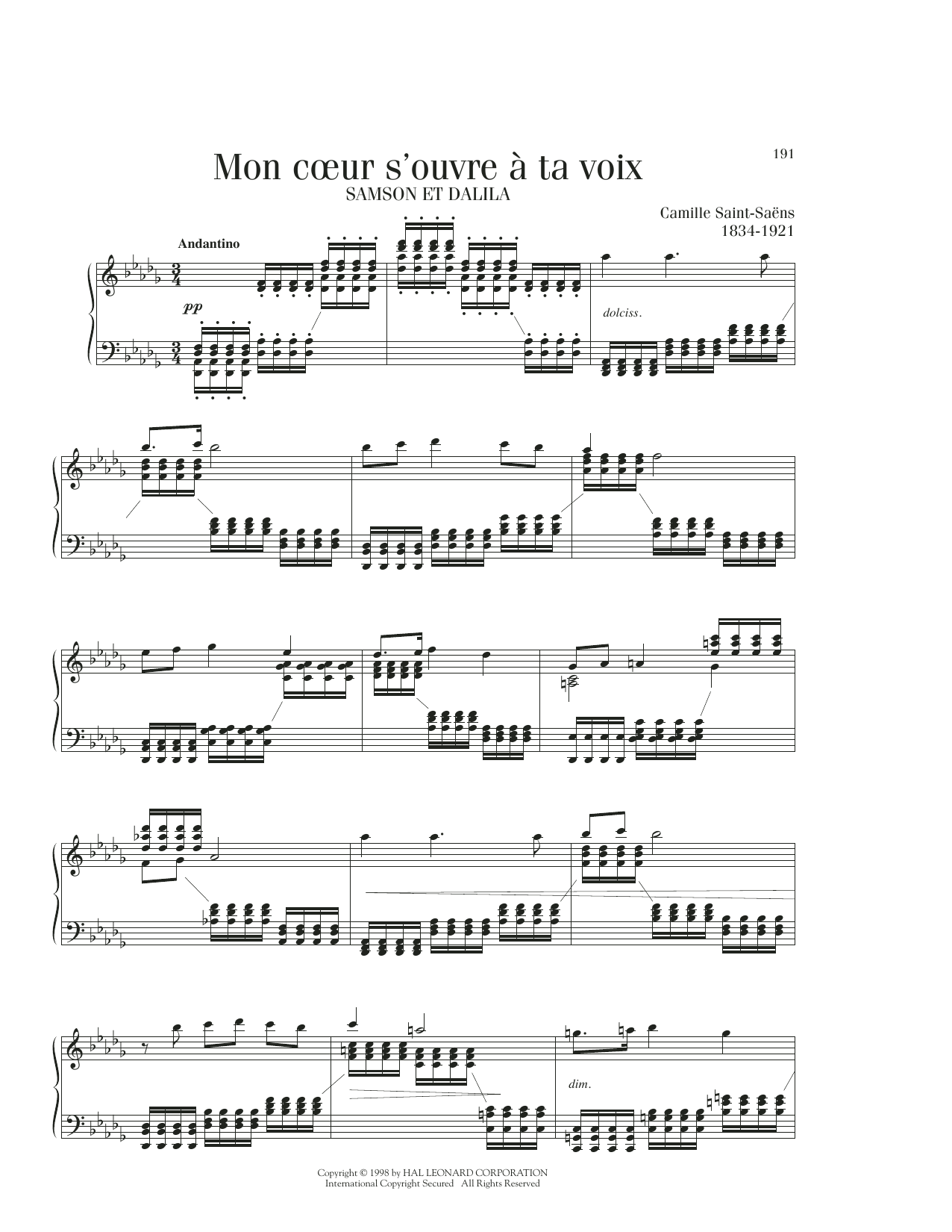 Camille Saint-Saens Delilah's Aria (Mon Coeur S'Ouvre A Ta Voix) sheet music notes printable PDF score