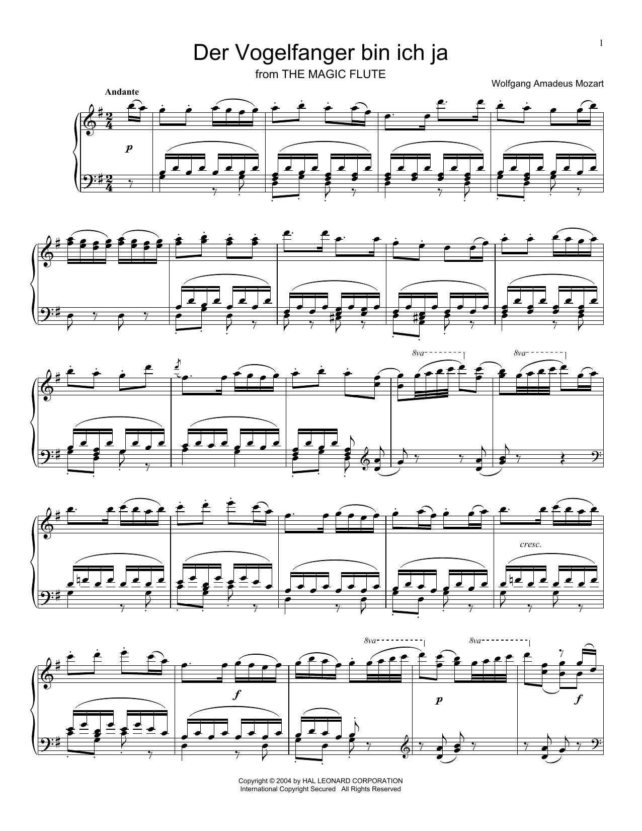 Download Wolfgang Amadeus Mozart Der Vogelfanger Bin Ich Ja (The Magic F Sheet Music