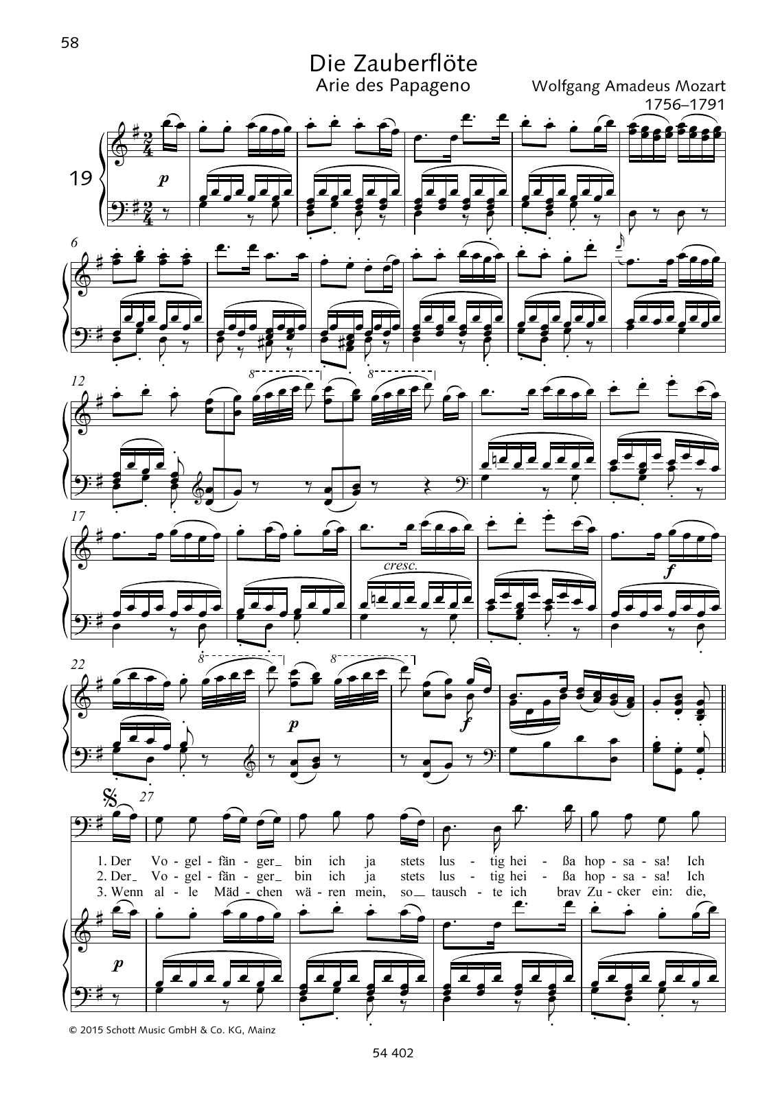 Download Wolfgang Amadeus Mozart Der Vogelfanger Bin Ich Ja Sheet Music