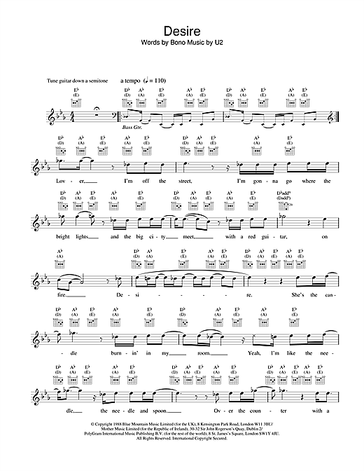 U2 Desire sheet music notes printable PDF score