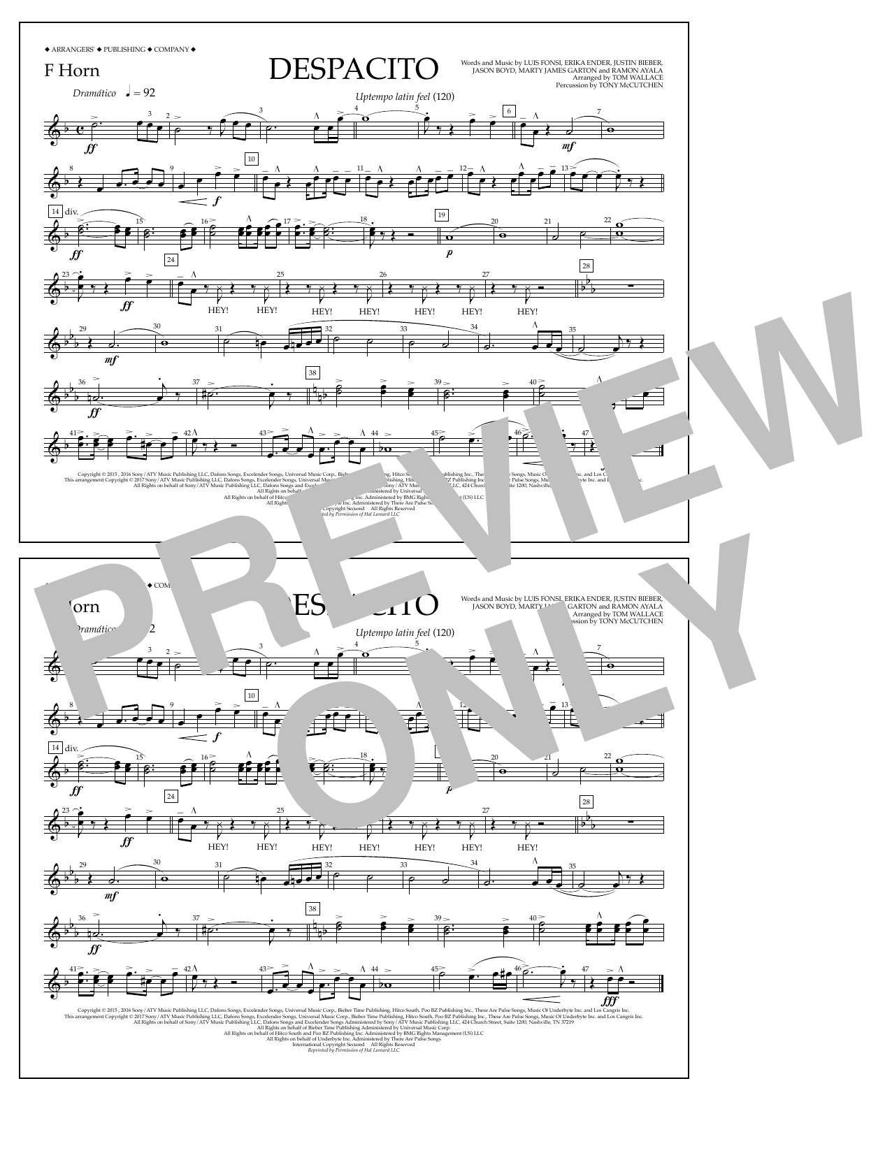 Download Tom Wallace Despacito - F Horn Sheet Music