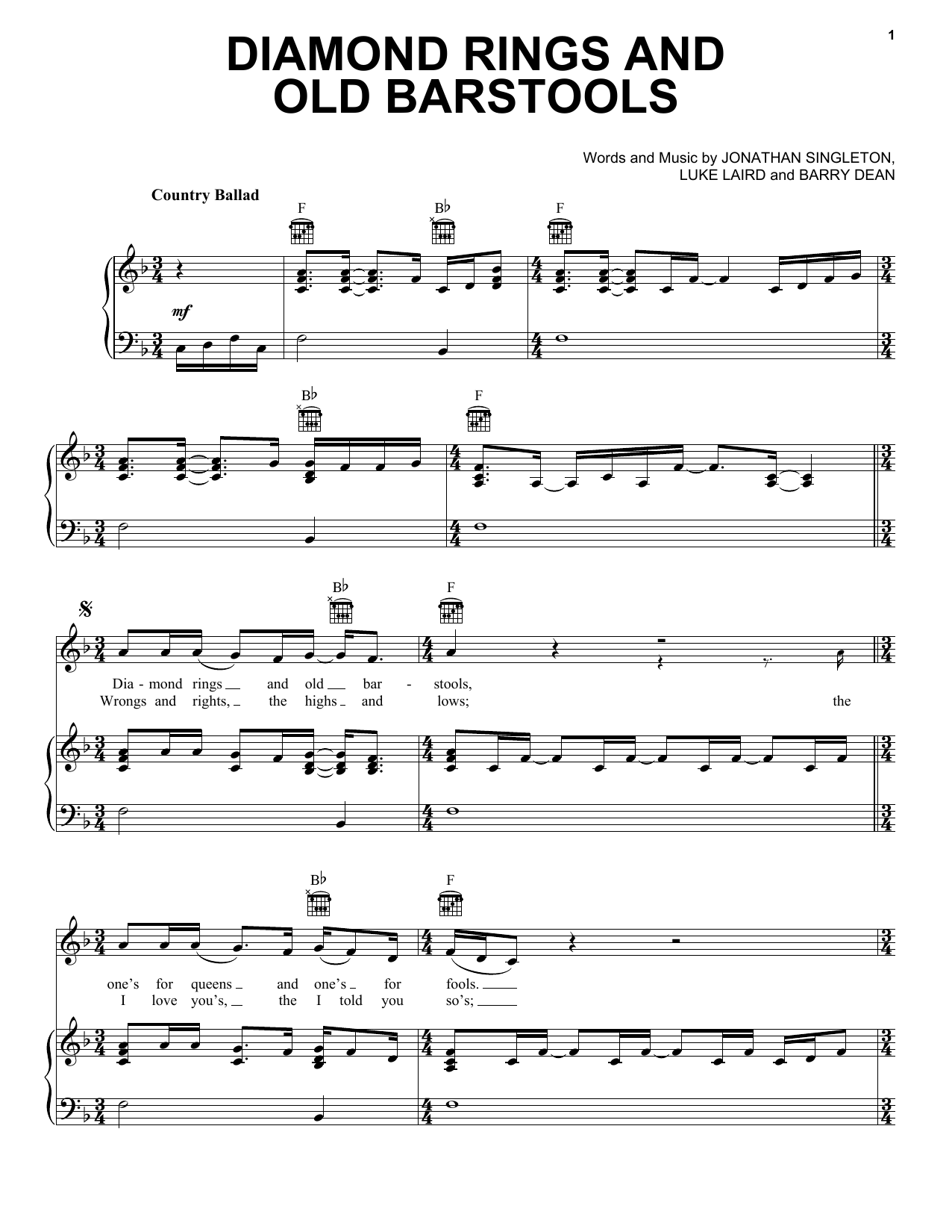 Download Tim McGraw Diamond Rings And Old Barstools Sheet Music