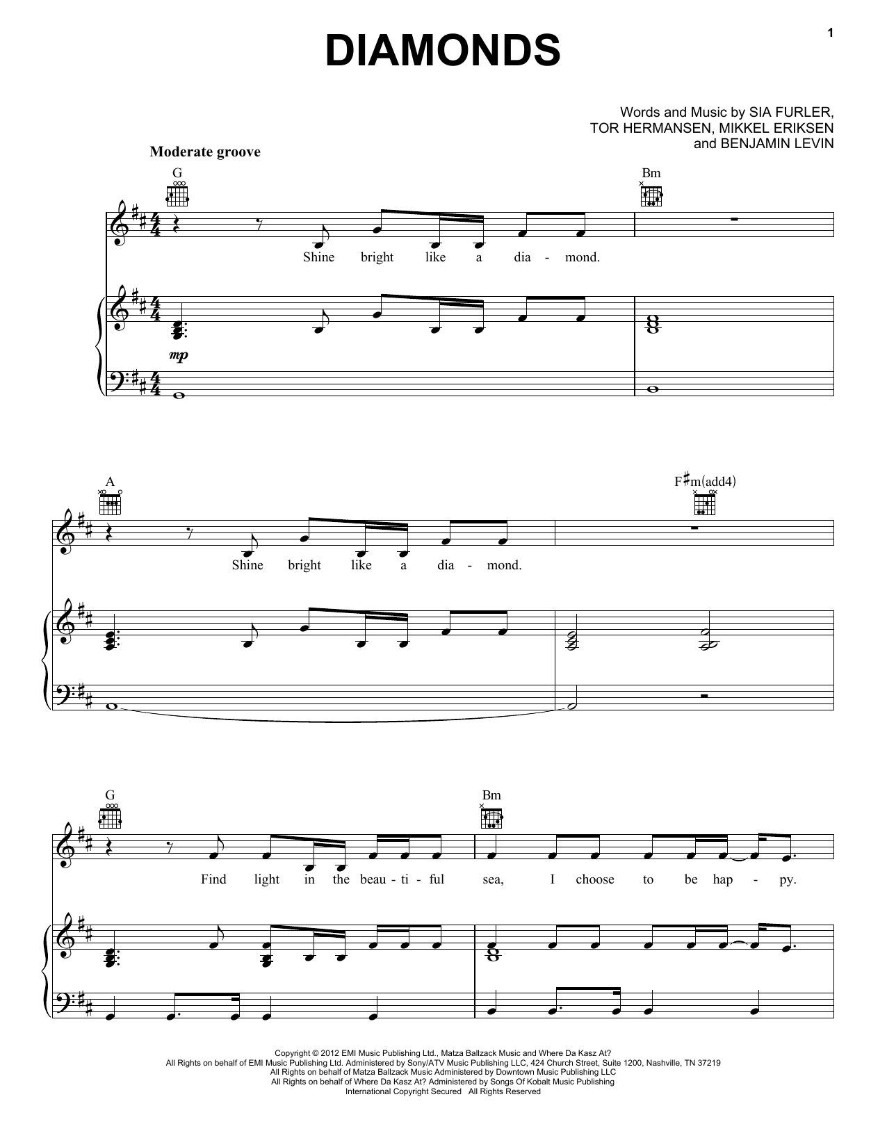 Rihanna Diamonds sheet music notes printable PDF score