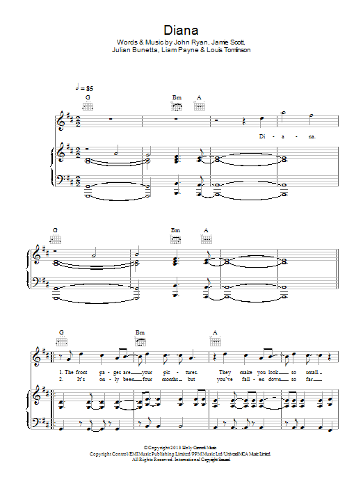 Download One Direction Diana Sheet Music