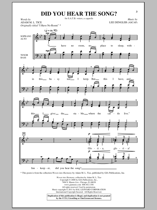 Download Lee Dengler Did You Hear The Song? Sheet Music