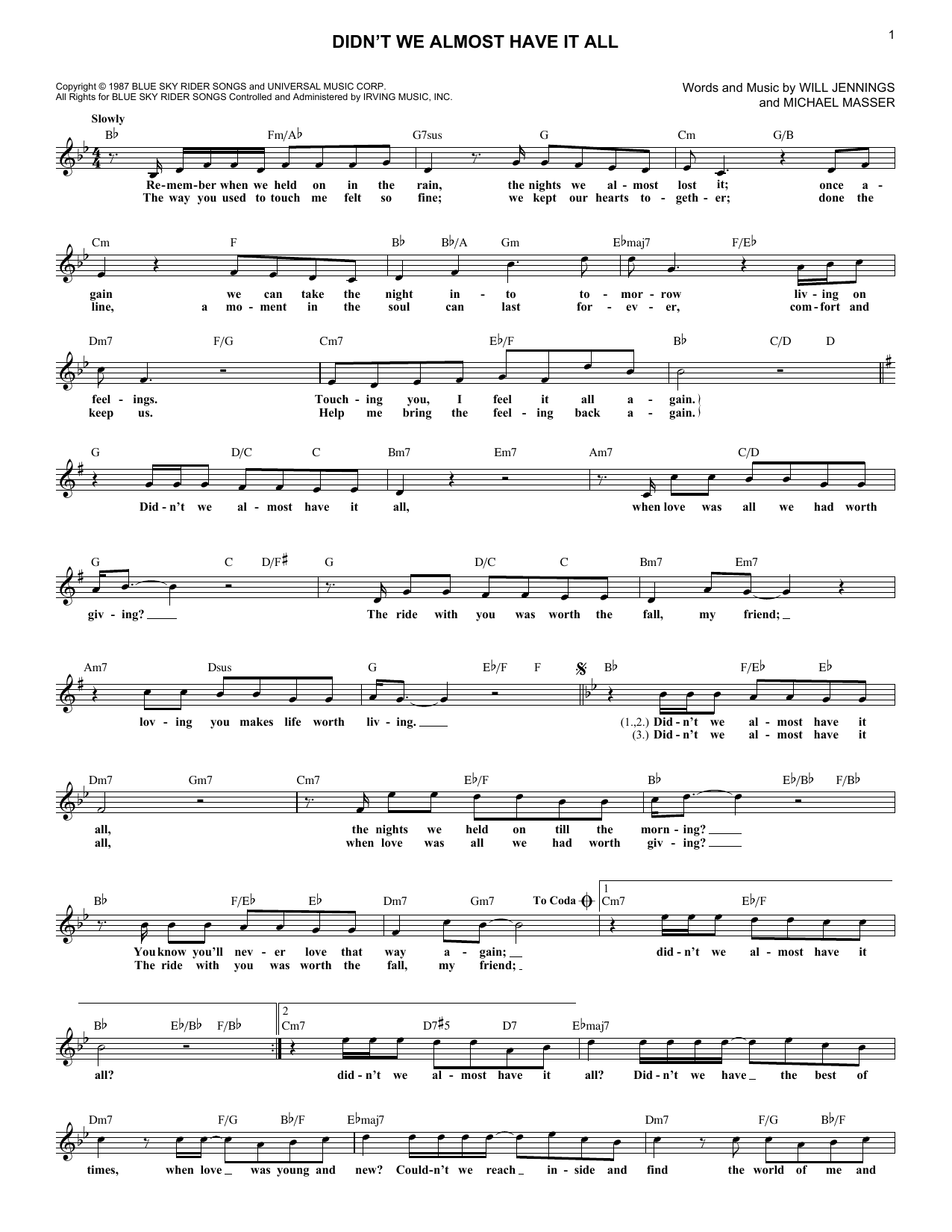 Download Whitney Houston Didn't We Almost Have It All Sheet Music