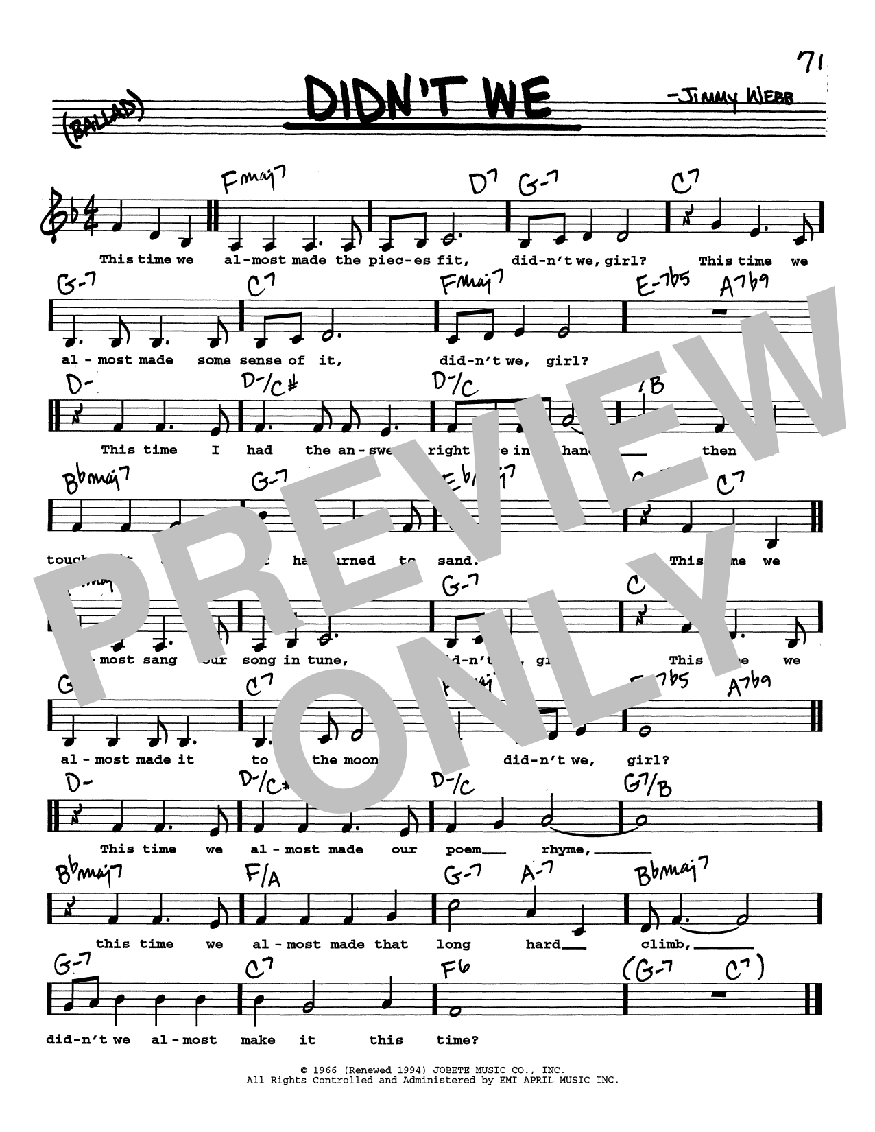 Jimmy Webb Didn't We (Low Voice) sheet music notes printable PDF score